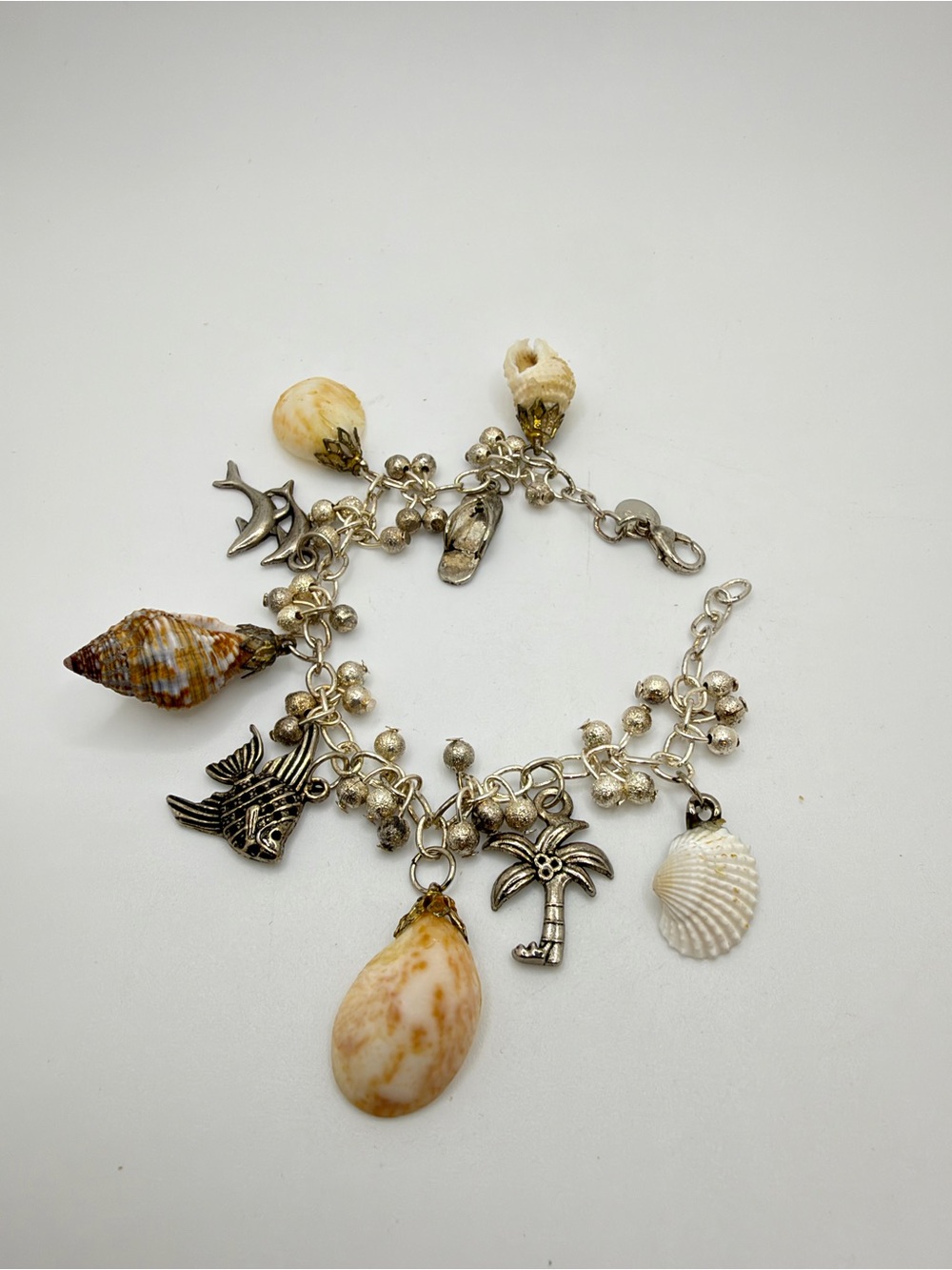 VTG Beach Themed, Silver plated Charm Bracelet w/ Real Shell Charms!